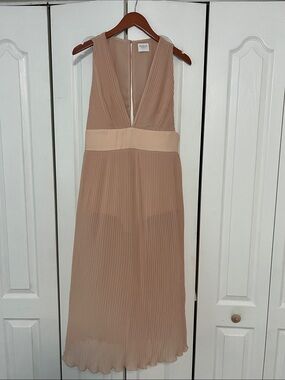MISHA COLLECTION Beige Pleated V-Neck Midi Dress